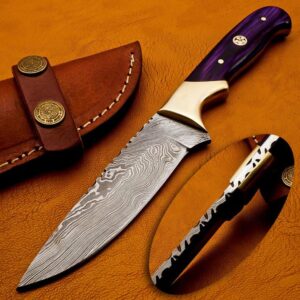 "Handmade Damascus Steel Knife with Purple Handle".