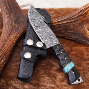 "Dragon's Claw: Handcrafted Damascus Steel Knife with Turquoise and Black Wood Handle"