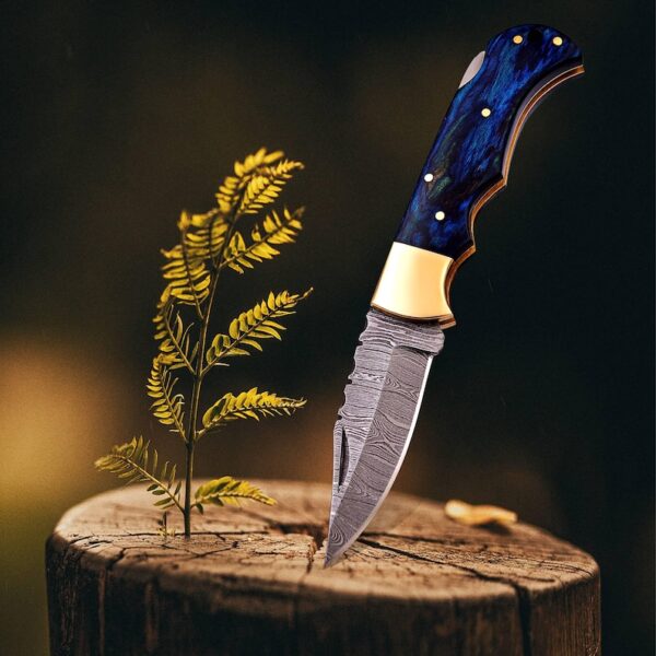 "Dragon's Claw: Handcrafted Damascus Steel Knife with Blue Wood Handle" - Image 2