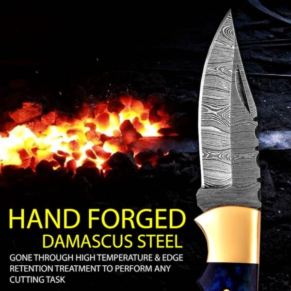 "Dragon's Claw: Handcrafted Damascus Steel Knife with Blue Wood Handle" - Image 4