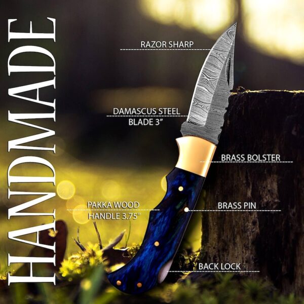 "Dragon's Claw: Handcrafted Damascus Steel Knife with Blue Wood Handle" - Image 3